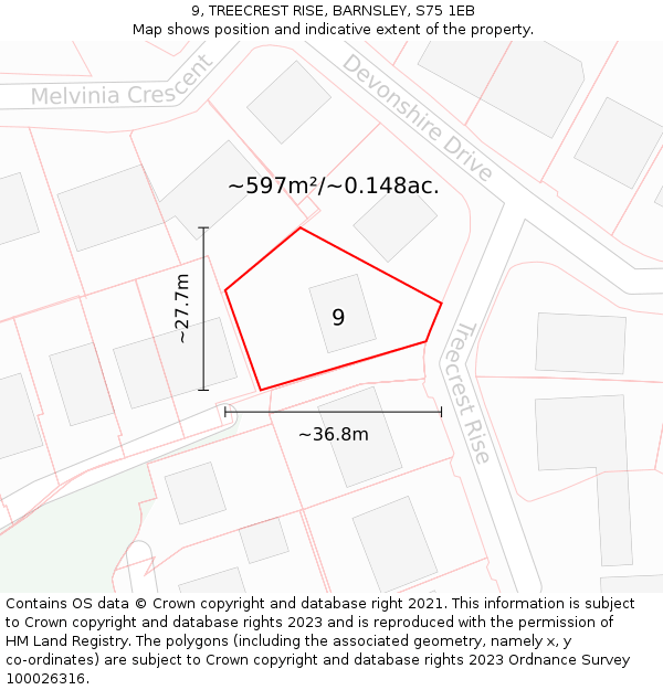 9, TREECREST RISE, BARNSLEY, S75 1EB: Plot and title map