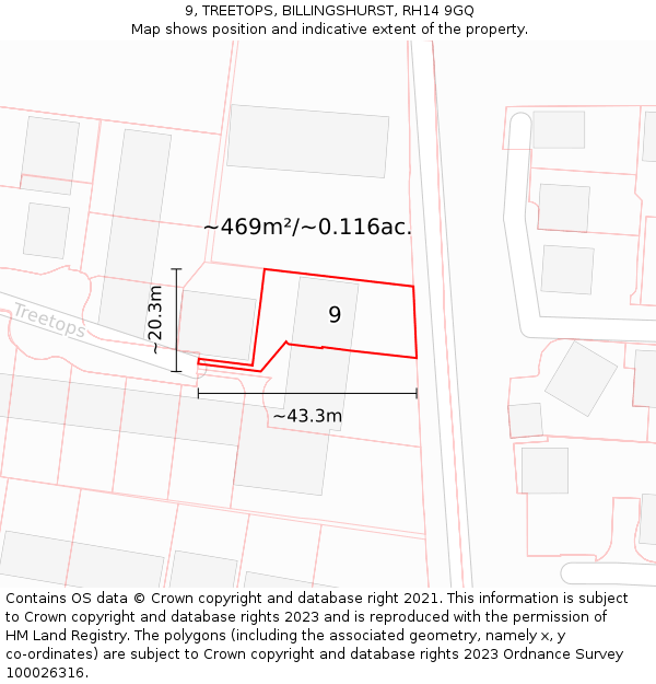 9, TREETOPS, BILLINGSHURST, RH14 9GQ: Plot and title map
