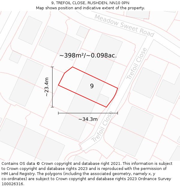 9, TREFOIL CLOSE, RUSHDEN, NN10 0PN: Plot and title map