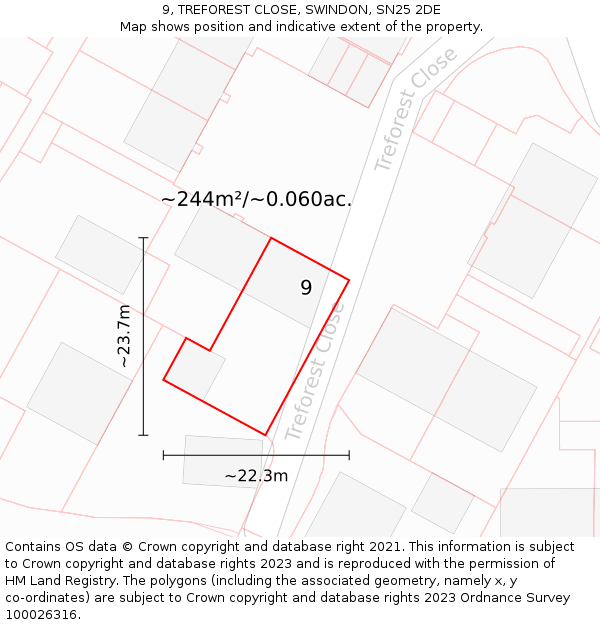 9, TREFOREST CLOSE, SWINDON, SN25 2DE: Plot and title map