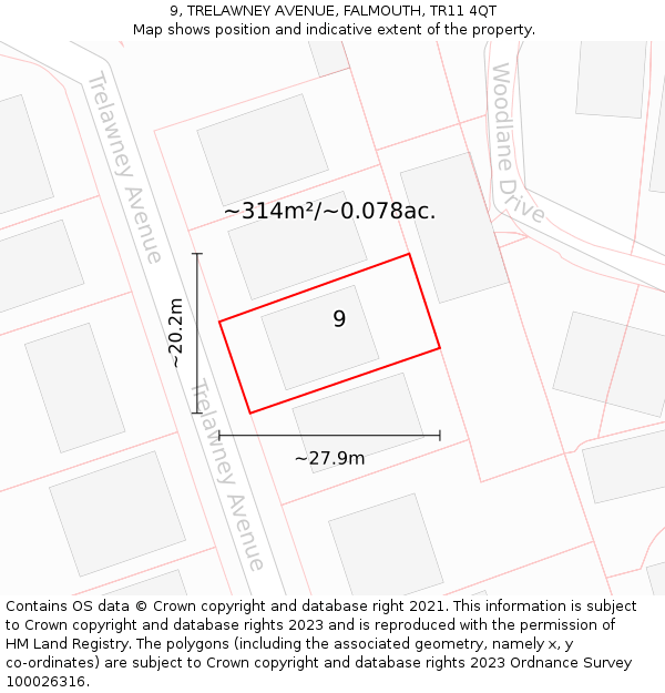 9, TRELAWNEY AVENUE, FALMOUTH, TR11 4QT: Plot and title map