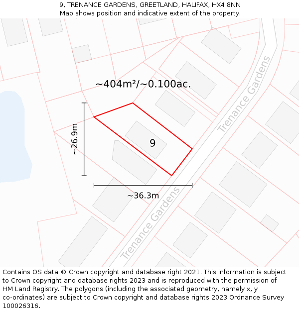 9, TRENANCE GARDENS, GREETLAND, HALIFAX, HX4 8NN: Plot and title map