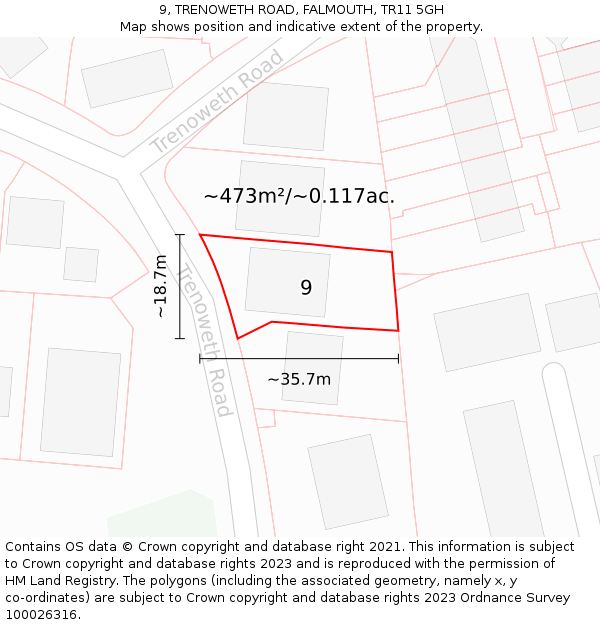 9, TRENOWETH ROAD, FALMOUTH, TR11 5GH: Plot and title map
