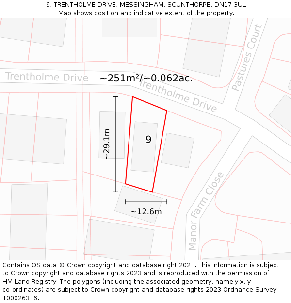 9, TRENTHOLME DRIVE, MESSINGHAM, SCUNTHORPE, DN17 3UL: Plot and title map