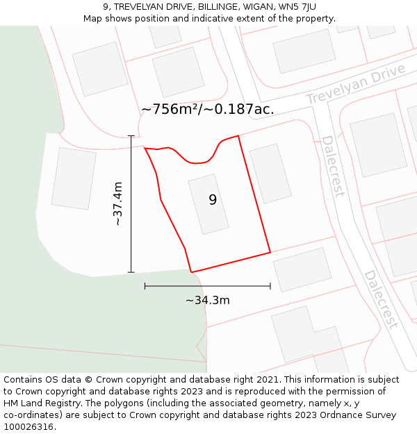 9, TREVELYAN DRIVE, BILLINGE, WIGAN, WN5 7JU: Plot and title map