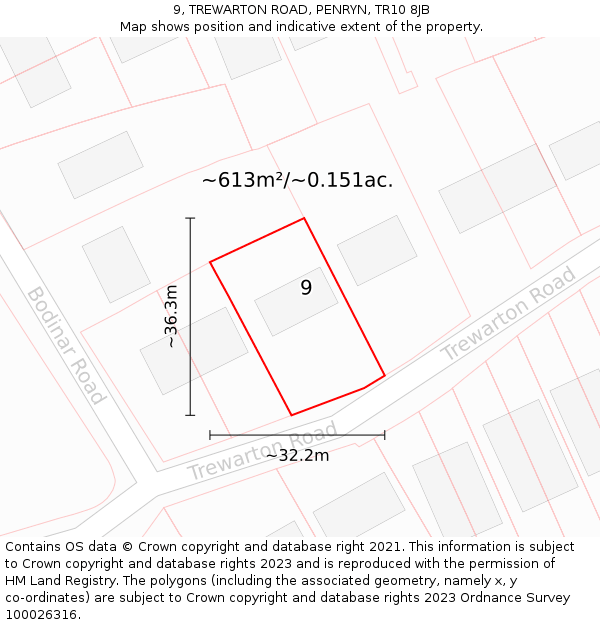 9, TREWARTON ROAD, PENRYN, TR10 8JB: Plot and title map