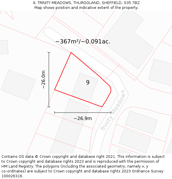 9, TRINITY MEADOWS, THURGOLAND, SHEFFIELD, S35 7BZ: Plot and title map