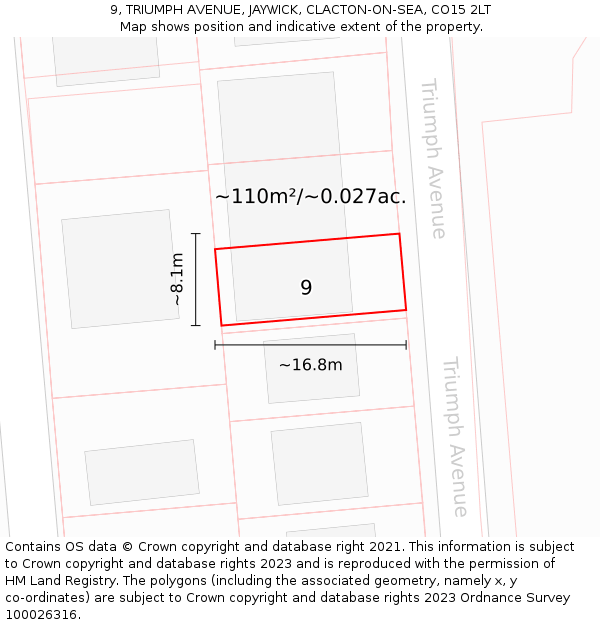 9, TRIUMPH AVENUE, JAYWICK, CLACTON-ON-SEA, CO15 2LT: Plot and title map