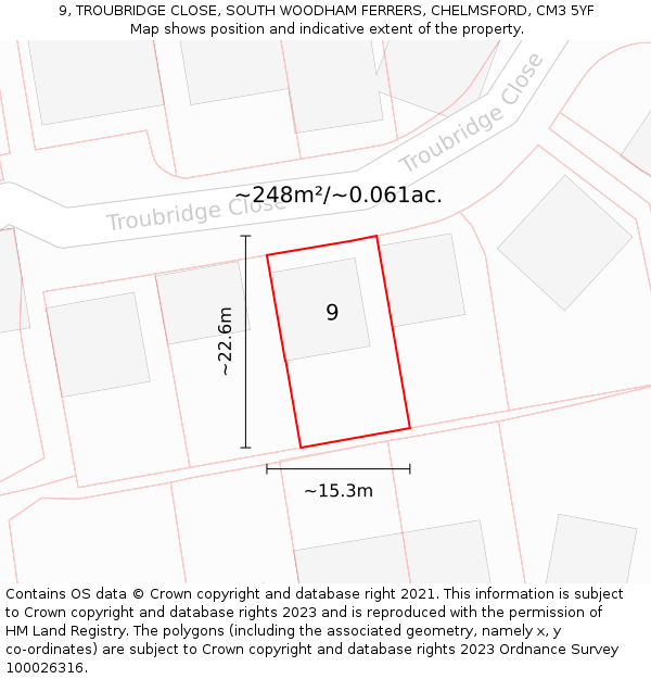 9, TROUBRIDGE CLOSE, SOUTH WOODHAM FERRERS, CHELMSFORD, CM3 5YF: Plot and title map
