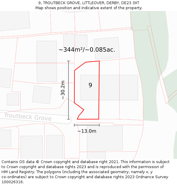 9, TROUTBECK GROVE, LITTLEOVER, DERBY, DE23 3XT: Plot and title map