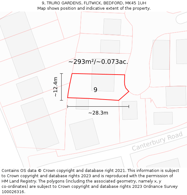 9, TRURO GARDENS, FLITWICK, BEDFORD, MK45 1UH: Plot and title map