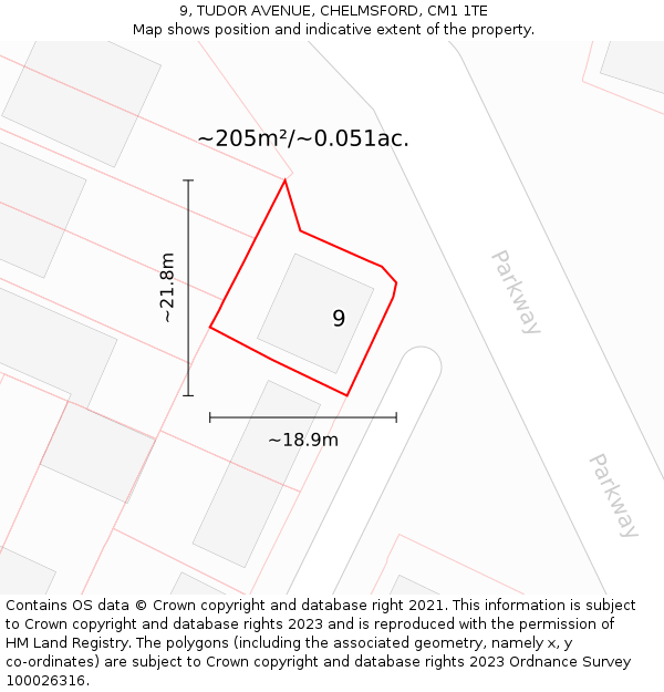 9, TUDOR AVENUE, CHELMSFORD, CM1 1TE: Plot and title map