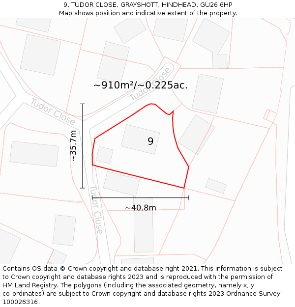 9, TUDOR CLOSE, GRAYSHOTT, HINDHEAD, GU26 6HP: Plot and title map