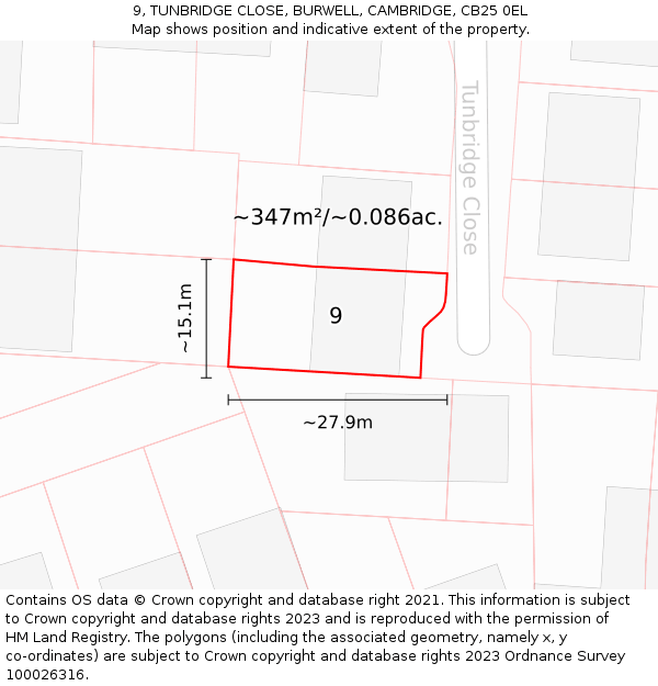 9, TUNBRIDGE CLOSE, BURWELL, CAMBRIDGE, CB25 0EL: Plot and title map