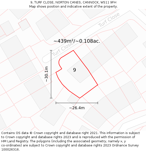 9, TURF CLOSE, NORTON CANES, CANNOCK, WS11 9FH: Plot and title map