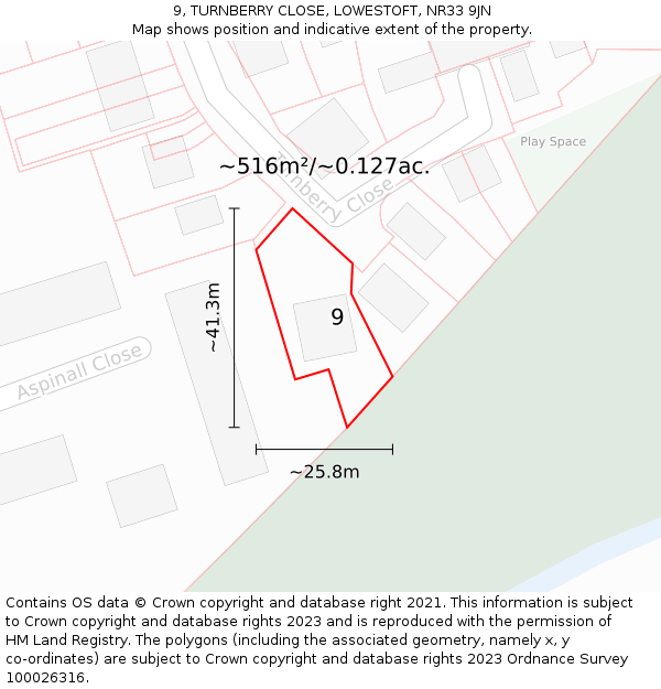 9, TURNBERRY CLOSE, LOWESTOFT, NR33 9JN: Plot and title map