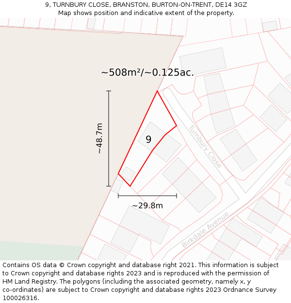 9, TURNBURY CLOSE, BRANSTON, BURTON-ON-TRENT, DE14 3GZ: Plot and title map