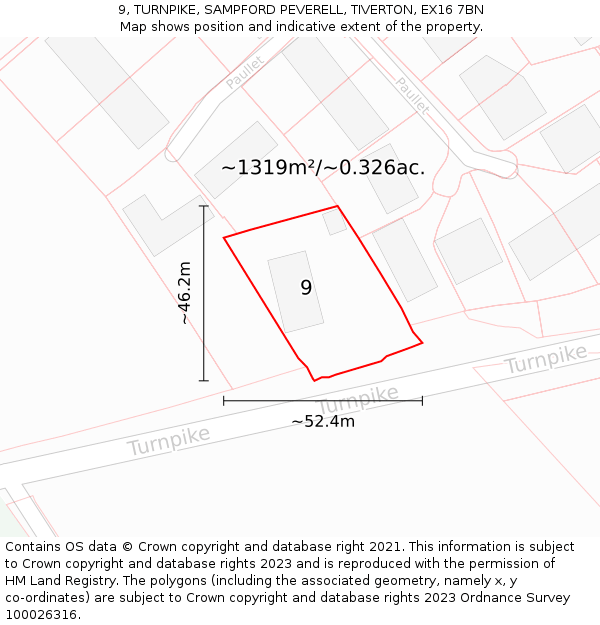 9, TURNPIKE, SAMPFORD PEVERELL, TIVERTON, EX16 7BN: Plot and title map