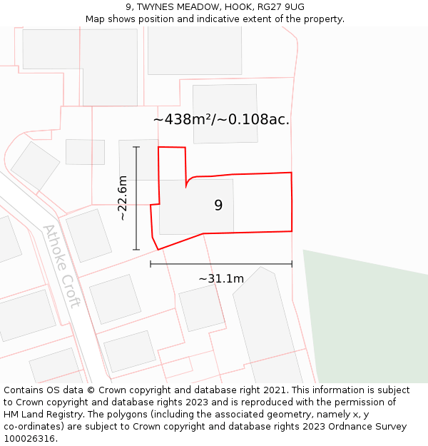 9, TWYNES MEADOW, HOOK, RG27 9UG: Plot and title map