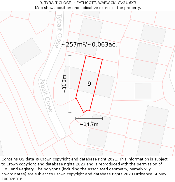9, TYBALT CLOSE, HEATHCOTE, WARWICK, CV34 6XB: Plot and title map