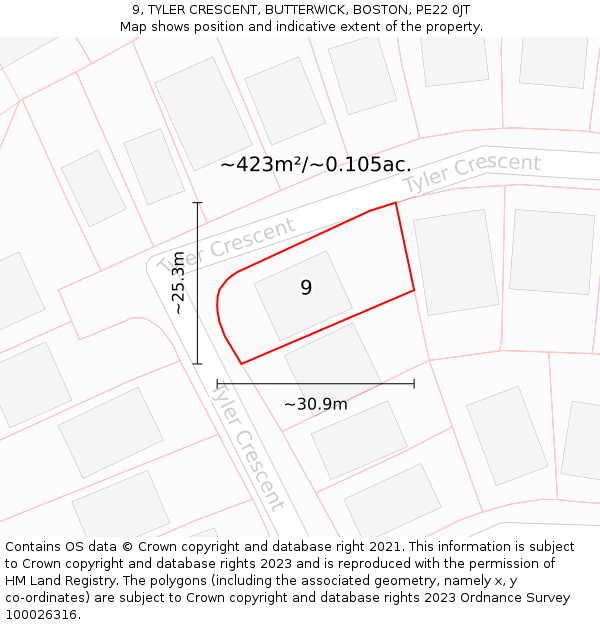 9, TYLER CRESCENT, BUTTERWICK, BOSTON, PE22 0JT: Plot and title map