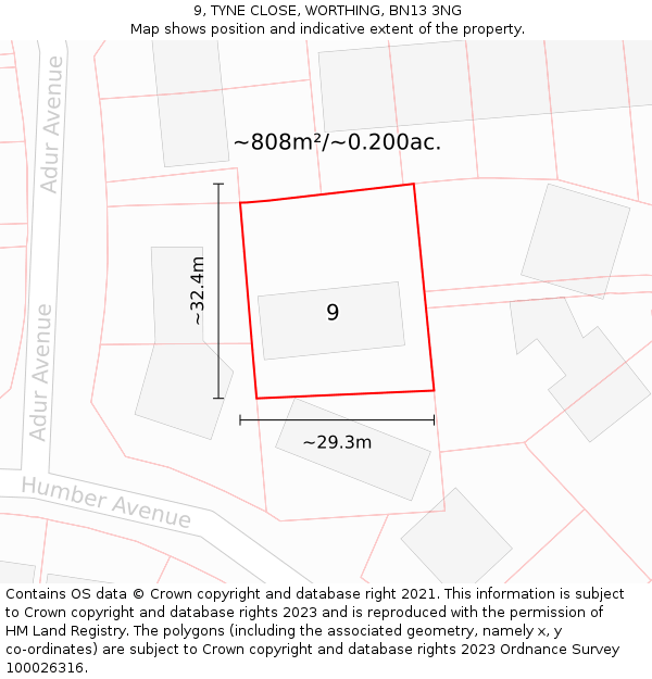 9, TYNE CLOSE, WORTHING, BN13 3NG: Plot and title map