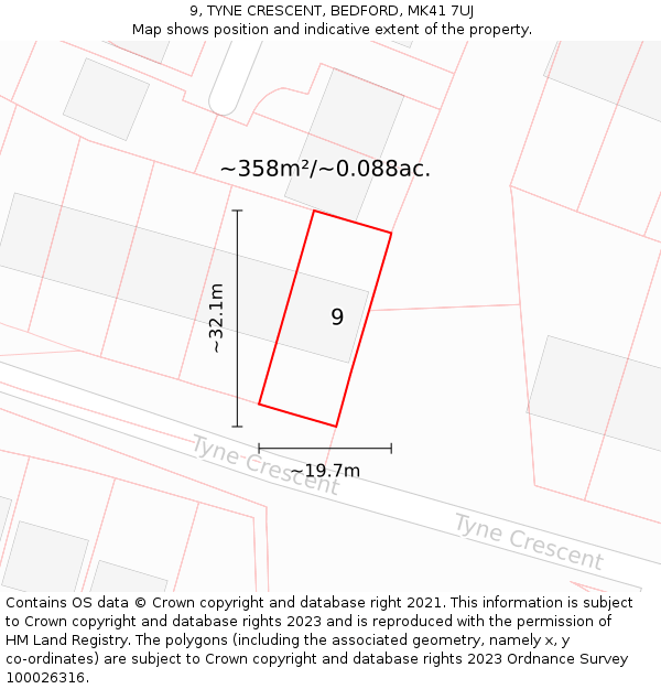 9, TYNE CRESCENT, BEDFORD, MK41 7UJ: Plot and title map