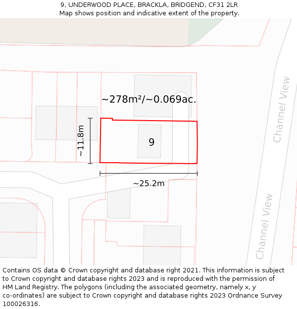 9, UNDERWOOD PLACE, BRACKLA, BRIDGEND, CF31 2LR: Plot and title map