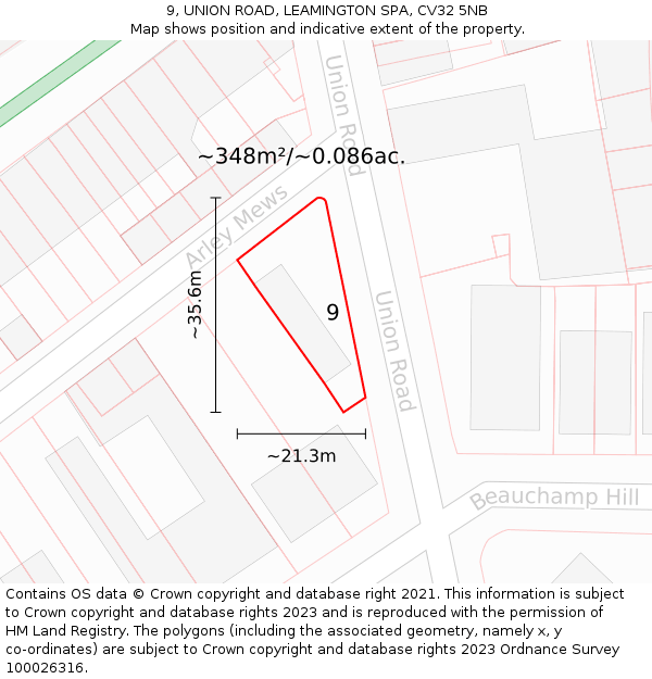 9, UNION ROAD, LEAMINGTON SPA, CV32 5NB: Plot and title map