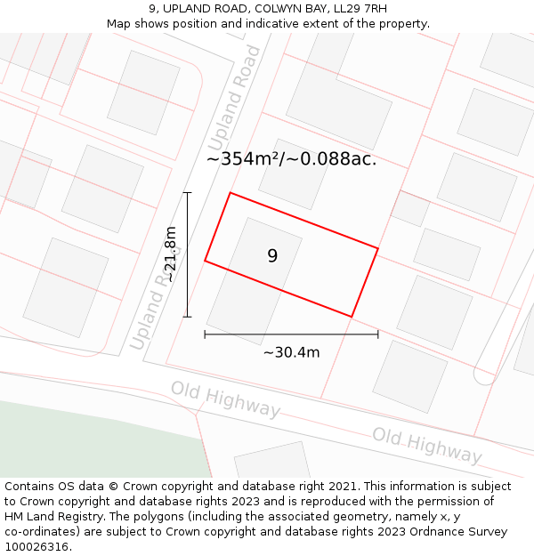 9, UPLAND ROAD, COLWYN BAY, LL29 7RH: Plot and title map