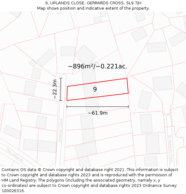 9, UPLANDS CLOSE, GERRARDS CROSS, SL9 7JH: Plot and title map