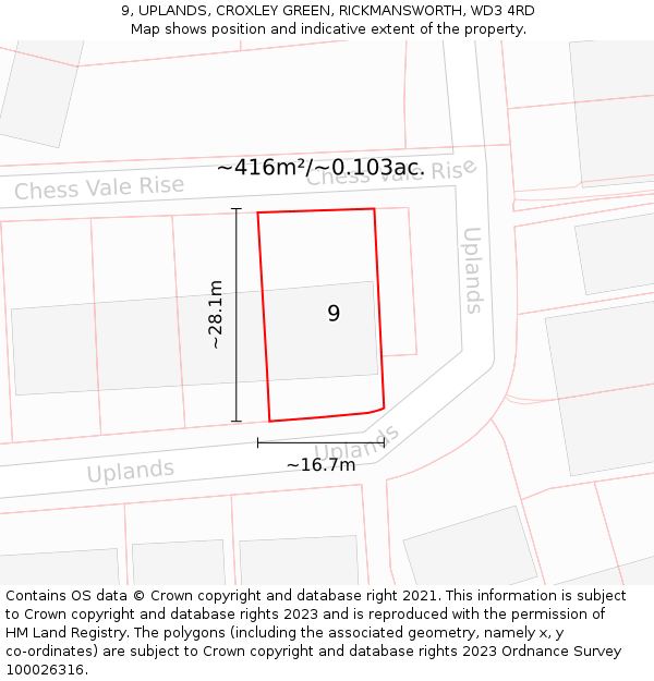 9, UPLANDS, CROXLEY GREEN, RICKMANSWORTH, WD3 4RD: Plot and title map
