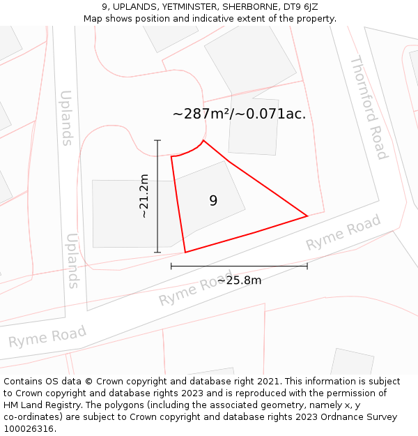 9, UPLANDS, YETMINSTER, SHERBORNE, DT9 6JZ: Plot and title map