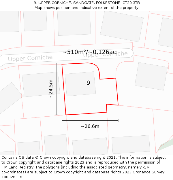 9, UPPER CORNICHE, SANDGATE, FOLKESTONE, CT20 3TB: Plot and title map