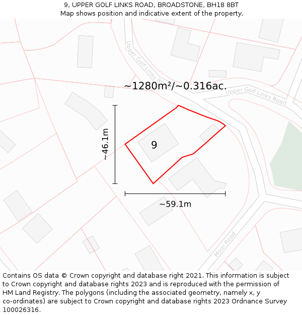 9, UPPER GOLF LINKS ROAD, BROADSTONE, BH18 8BT: Plot and title map