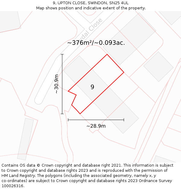 9, UPTON CLOSE, SWINDON, SN25 4UL: Plot and title map