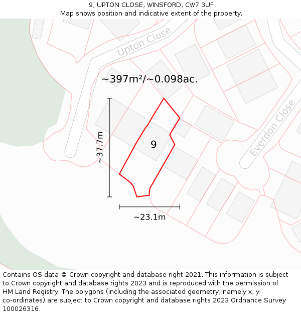 9, UPTON CLOSE, WINSFORD, CW7 3UF: Plot and title map