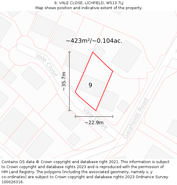 9, VALE CLOSE, LICHFIELD, WS13 7LJ: Plot and title map