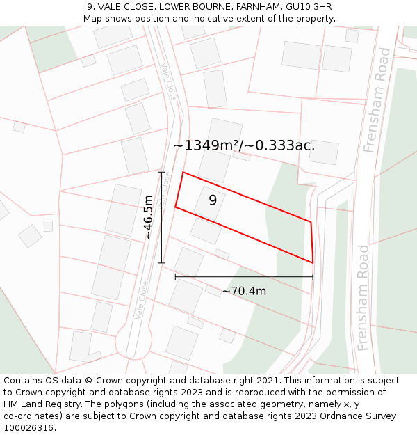 9, VALE CLOSE, LOWER BOURNE, FARNHAM, GU10 3HR: Plot and title map