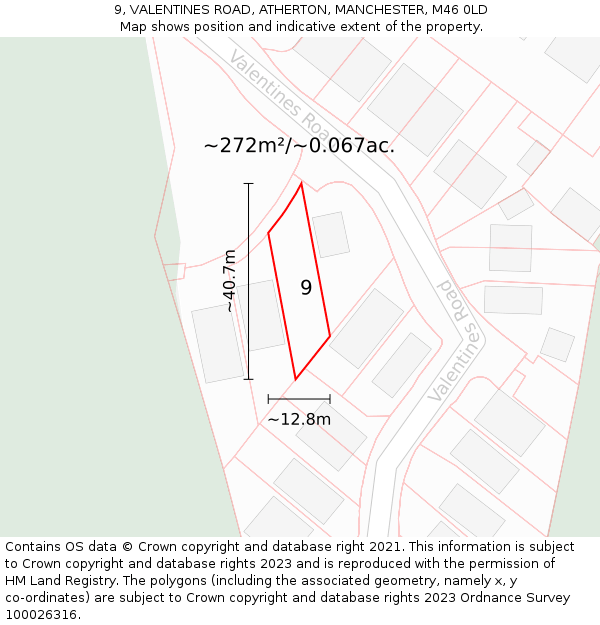 9, VALENTINES ROAD, ATHERTON, MANCHESTER, M46 0LD: Plot and title map
