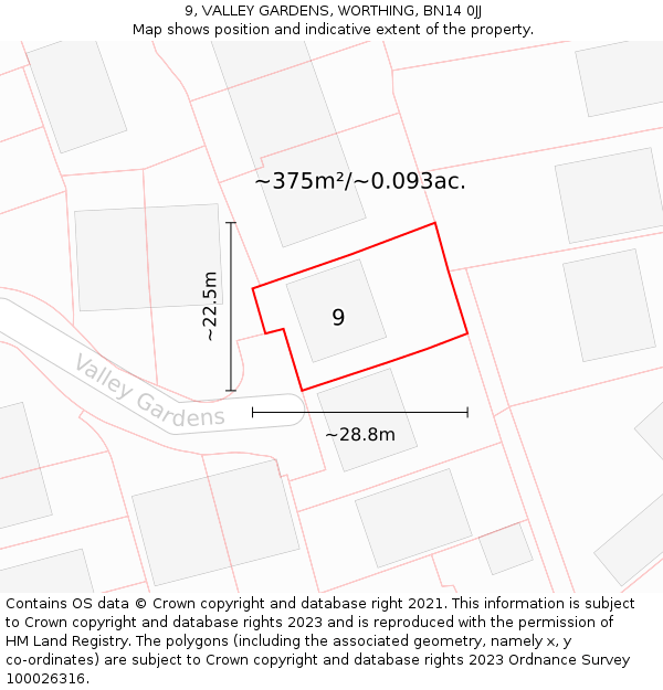 9, VALLEY GARDENS, WORTHING, BN14 0JJ: Plot and title map