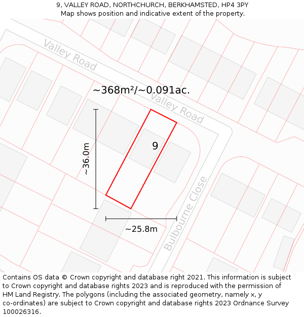 9, VALLEY ROAD, NORTHCHURCH, BERKHAMSTED, HP4 3PY: Plot and title map