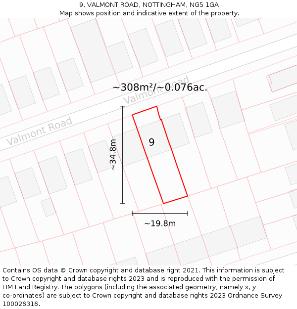 9, VALMONT ROAD, NOTTINGHAM, NG5 1GA: Plot and title map