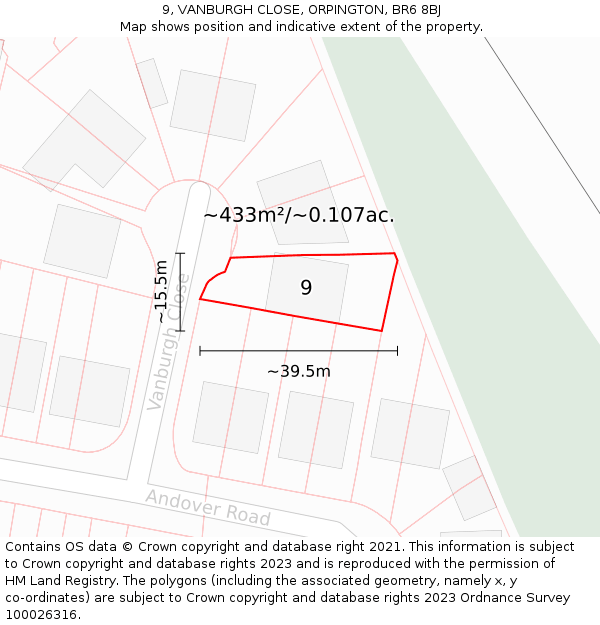 9, VANBURGH CLOSE, ORPINGTON, BR6 8BJ: Plot and title map
