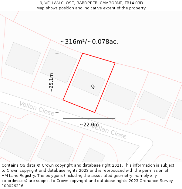 9, VELLAN CLOSE, BARRIPPER, CAMBORNE, TR14 0RB: Plot and title map