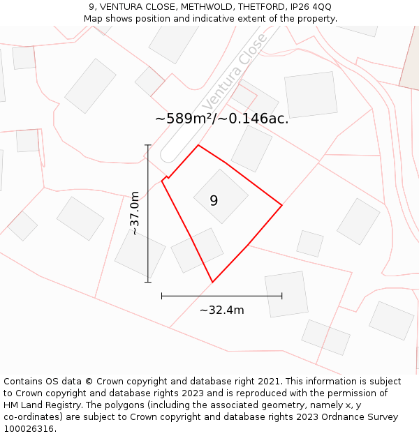 9, VENTURA CLOSE, METHWOLD, THETFORD, IP26 4QQ: Plot and title map