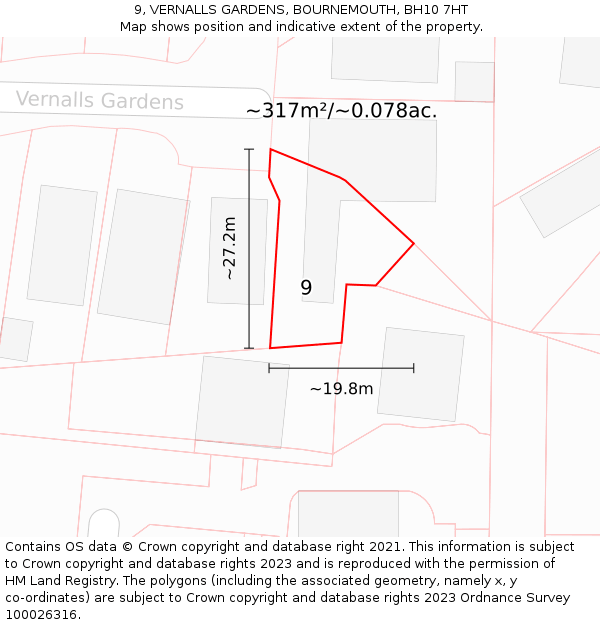 9, VERNALLS GARDENS, BOURNEMOUTH, BH10 7HT: Plot and title map