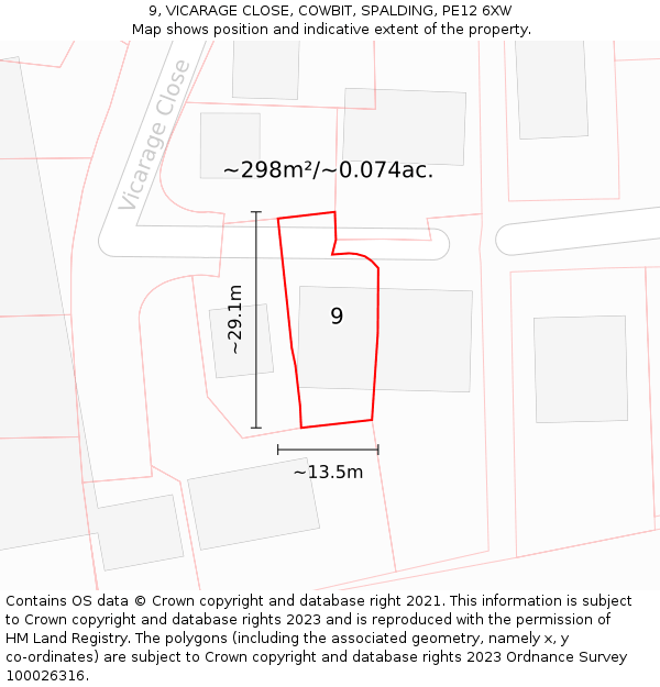 9, VICARAGE CLOSE, COWBIT, SPALDING, PE12 6XW: Plot and title map