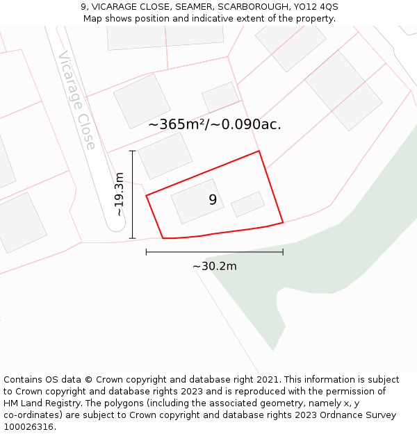 9, VICARAGE CLOSE, SEAMER, SCARBOROUGH, YO12 4QS: Plot and title map