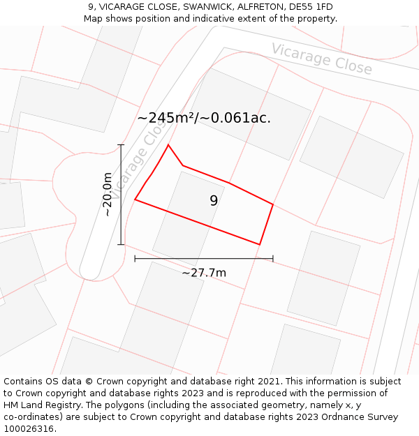 9, VICARAGE CLOSE, SWANWICK, ALFRETON, DE55 1FD: Plot and title map
